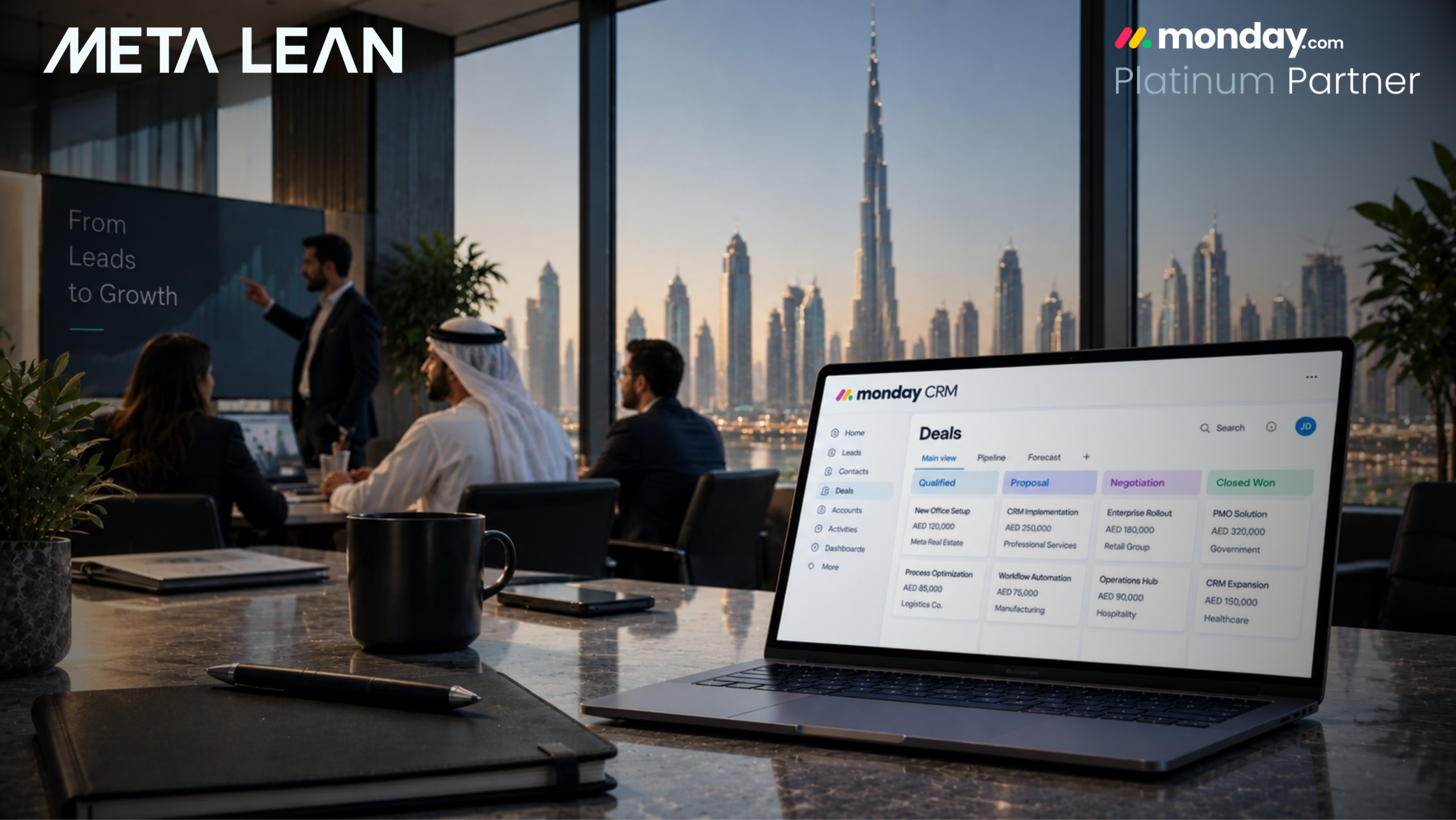 Meta Lean consultants reviewing a monday.com CRM sales pipeline in a Dubai office