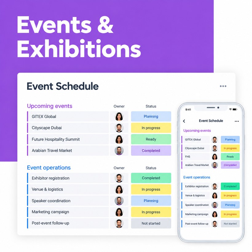 monday.com events schedule board built by Meta Lean