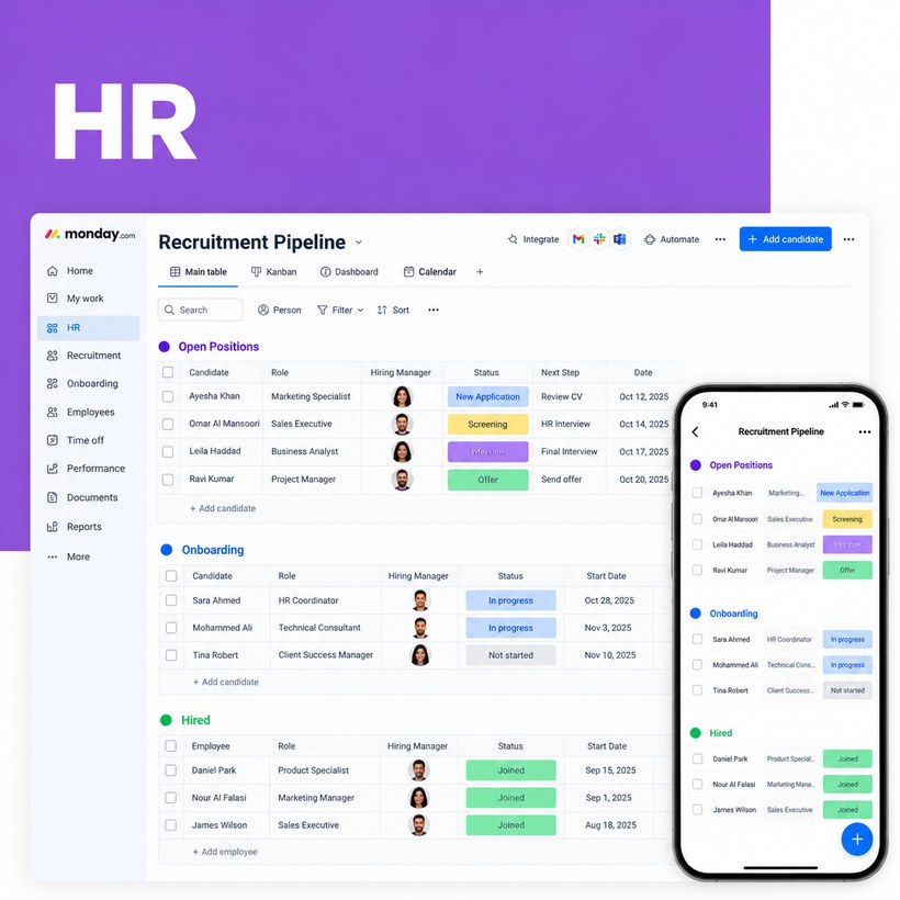 monday.com recruitment pipeline board built by Meta Lean