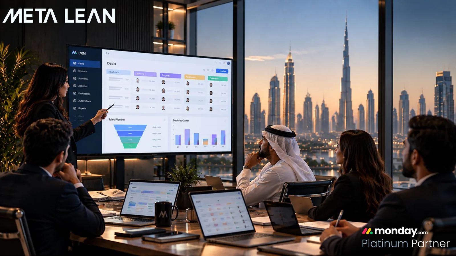 A sales team in a Dubai office reviewing a monday CRM deals pipeline on screen, with the Burj Khalifa skyline behind them